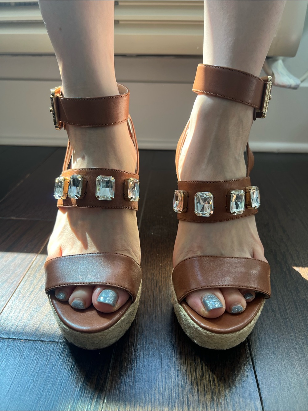 Michael Kors Brown Jeweled Ankle-Strap Wedge Sandals